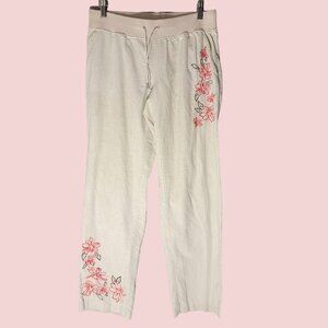 Fluent Life Linen Drawstring Casual Embroidered Pants Sz 6 Beige Neutral Floral